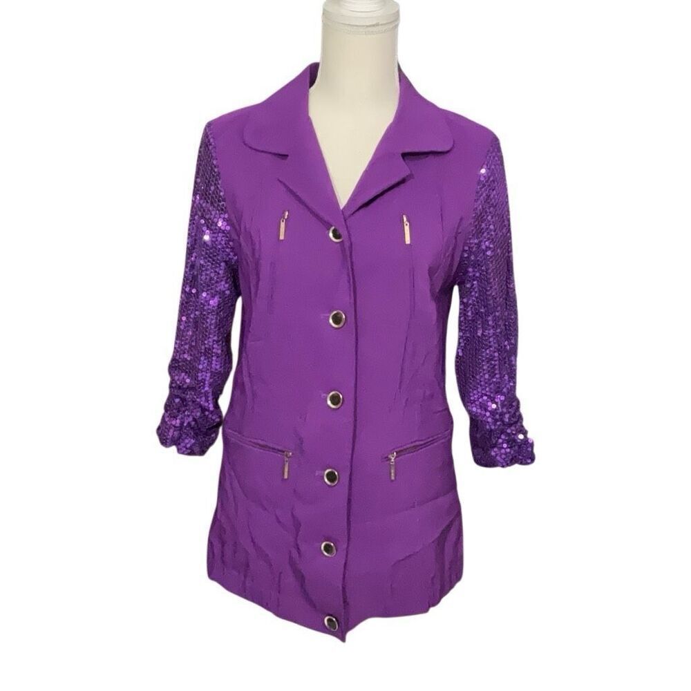 IMAN Global Chic Purple Button Front NWT Sequin Ruched Sleeve Lined Jacket Sz XS